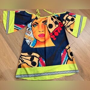 Colorful Pop Art Tunic with Face Graphic - Lime, Navy, Orange